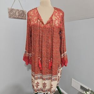 Henna Dress Boho Peasant Midi Orange Red Lace Trim Flowy  Festival Style XL
